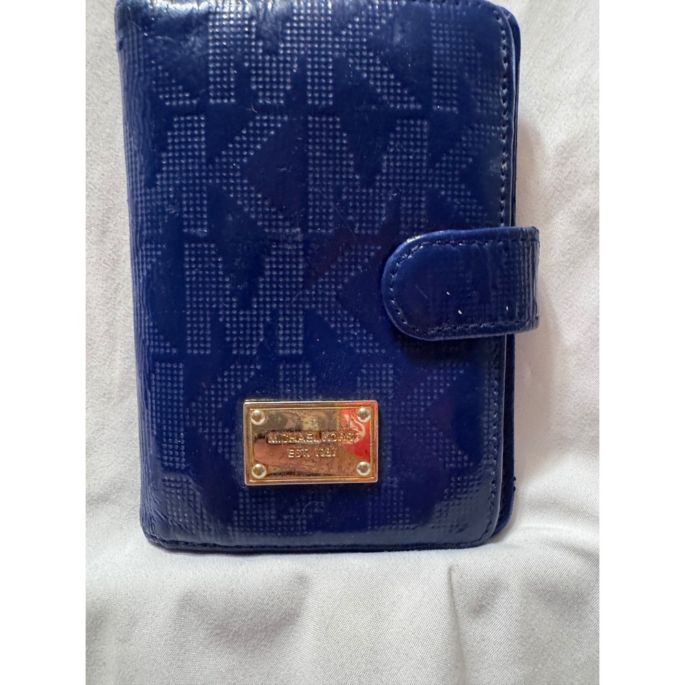 Michael Kors Cobalt Blue Monogram Patent Leather Passport Holder Wallet Snap Tab